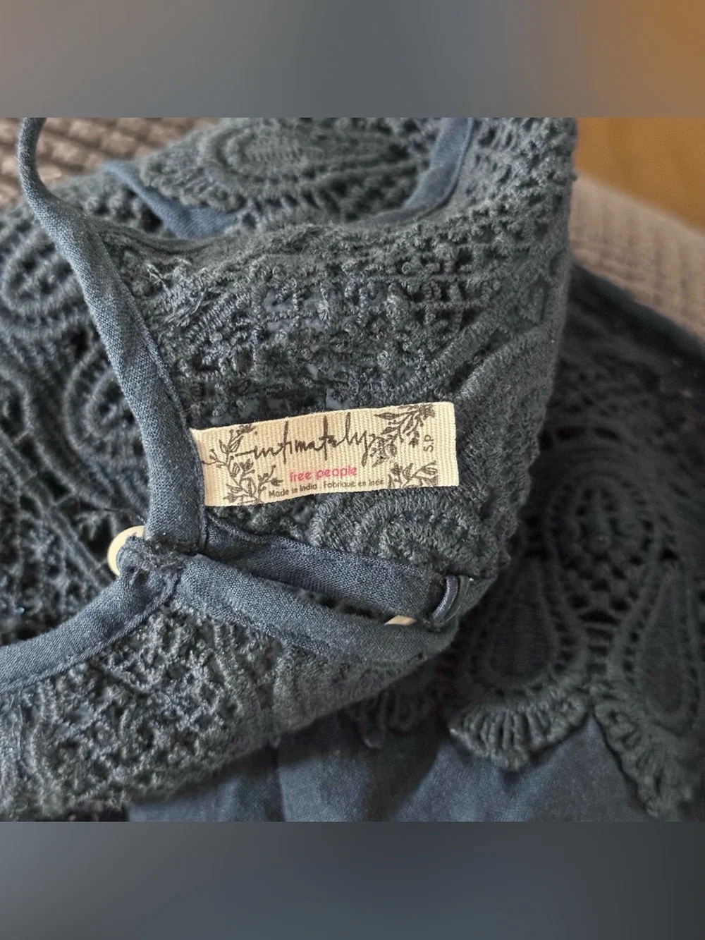 Free People Shea Halter Mini Dress Paisley Crochet Lace Navy Red‎ S Petite Boho - Picture 7 of 9